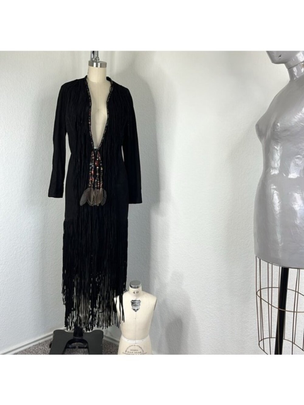 Anna Trzebinski Navajo Sueded Beaded Fringe Leather Black Duster Midi Coat